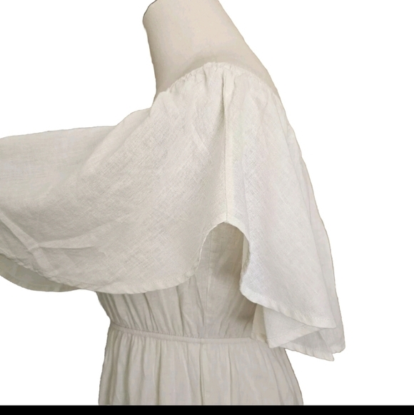 Audrey 3+1 Linen Blend Boho Wide Leg Off Shoulder Ruffle Ivory White Jumpsuit, S - Picture 7 of 15